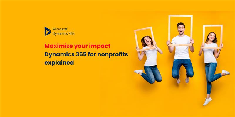 Three people joyfully holding picture frames in front of a bright yellow background, promoting Dynamics 365 for Nonprofits.