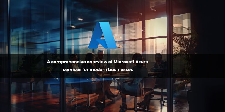 An office environment featuring modern furnishings, with a blue Microsoft Azure logo prominently displayed. The setting suggests a collaborative workspace for discussing Azure services.