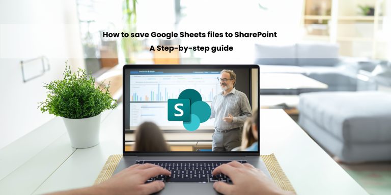 A person using a laptop to view a tutorial on saving Google Sheets files to SharePoint, with a presentation displayed on the screen.
