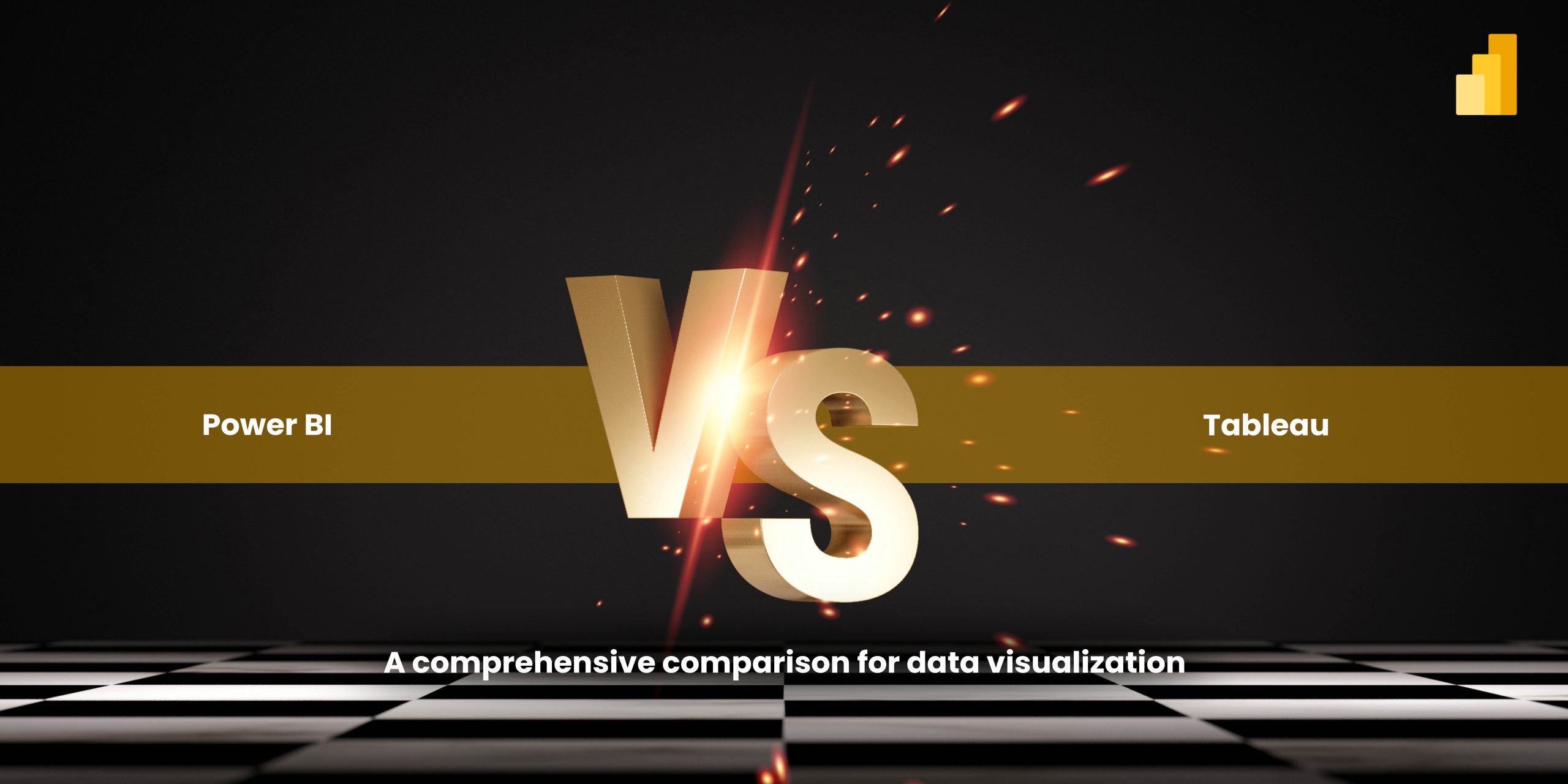 A graphic comparing Power BI and Tableau for data visualization. The text "Power BI" and "Tableau" are on either side of a shiny "VS" in the center, with a black background and a checkered floor pattern below.