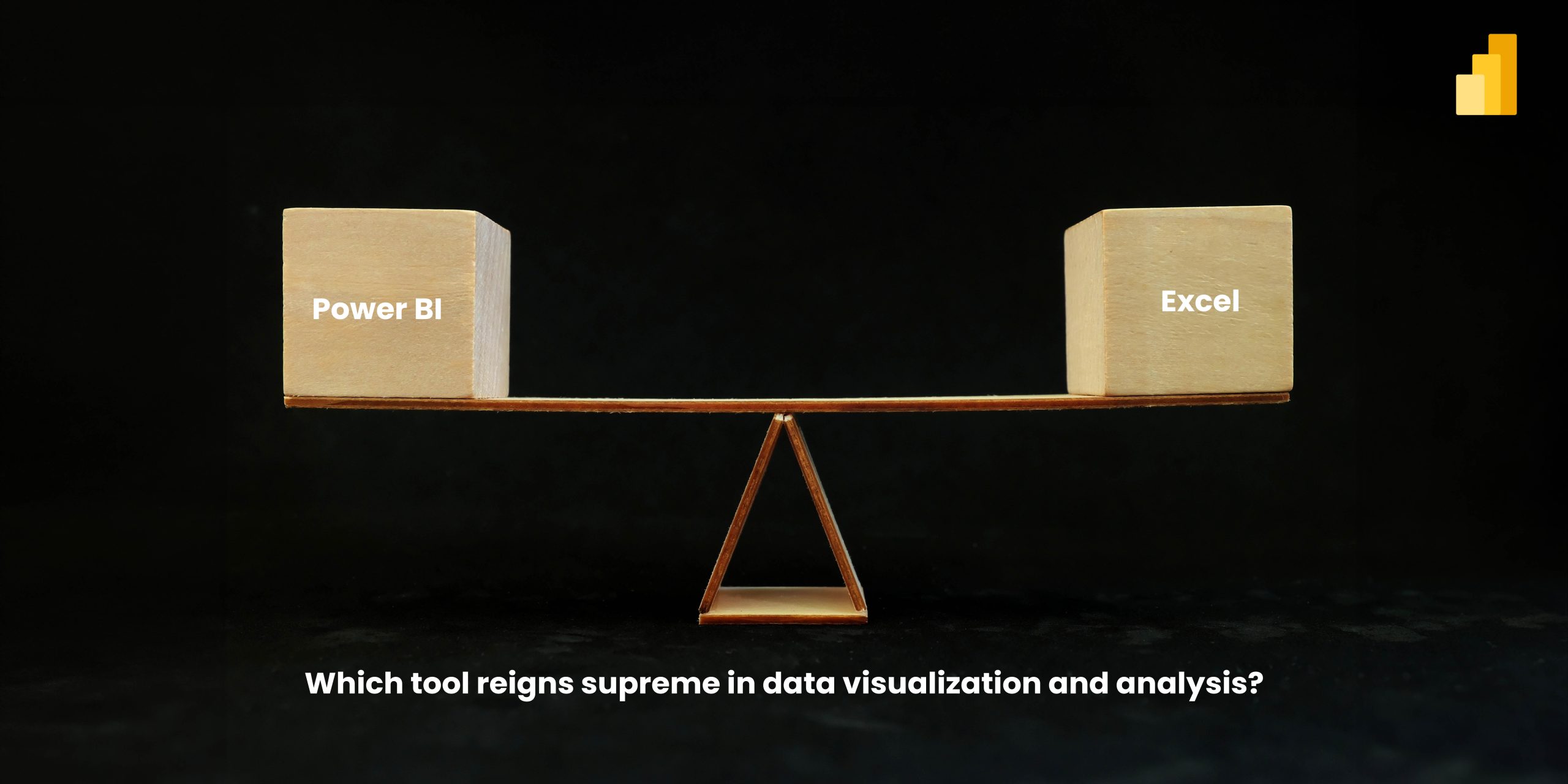 A balance scale with two wooden blocks labeled "Power BI" and "Excel." The scale is evenly balanced against a black background.