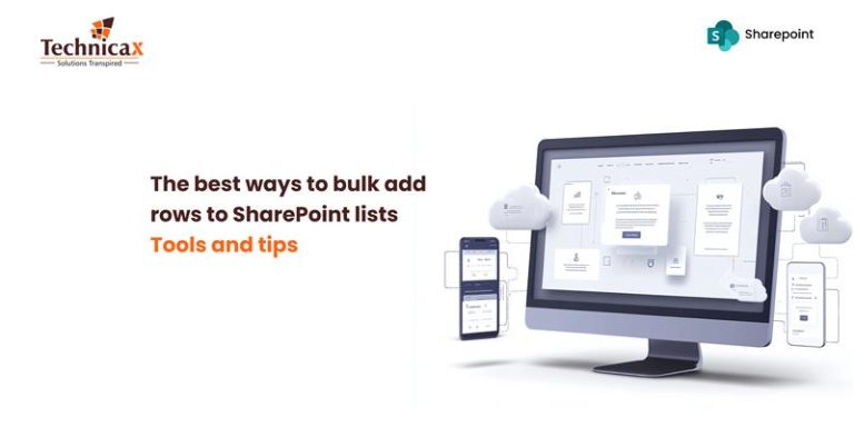 Graphic depicting a computer screen with SharePoint interface, alongside mobile devices. Text reads: "The best ways to bulk add rows to SharePoint lists - Tools and tips."