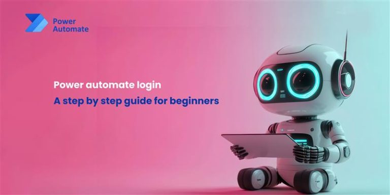 A friendly robot holding a tablet, set against a pink background, with text overlay reading "Power automate login: A step by step guide for beginners."